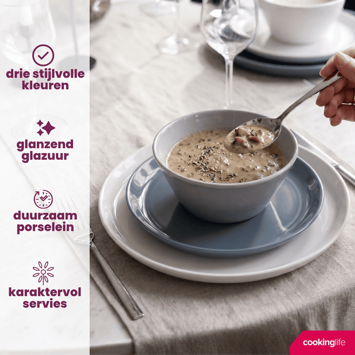 Cookinglife Serviesset Siaki - Wit / Blauw / Grijs - Porselein 18-delig / 6 personen - 6 dinerborden, 6 ontbijtborden en 6 kommen