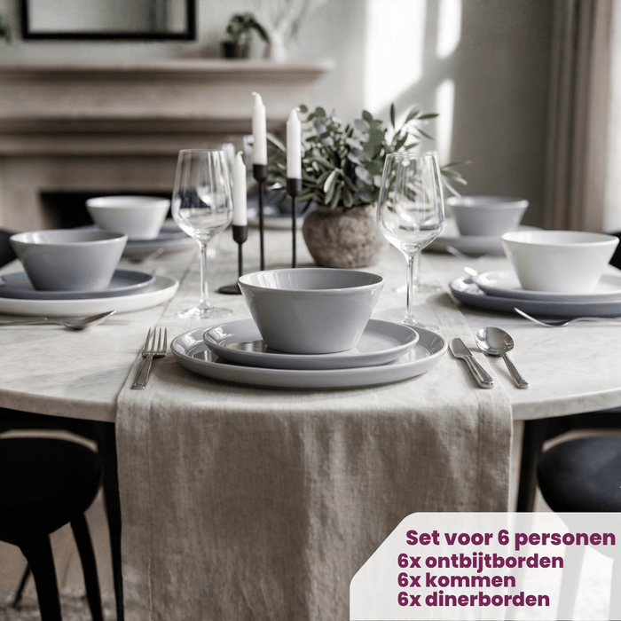 Cookinglife Serviesset Siaki - Wit / Blauw / Grijs - Porselein 18-delig / 6 personen - 6 dinerborden, 6 ontbijtborden en 6 kommen