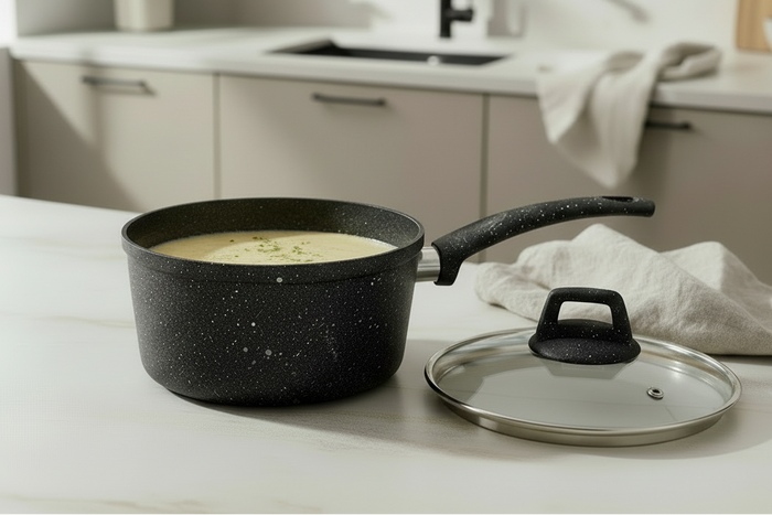 Cookinglife Steelpan / Sauspan met deksel - Black Speckle - Aluminium ø 18 cm / 2.2 liter - Geschikt voor alle warmtebronnen - standaard anti-aanbaklaag