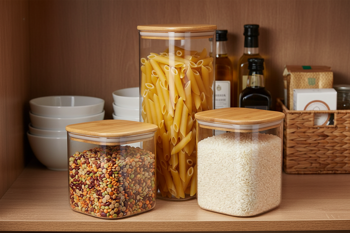Cookinglife Voorraadpotten set - Glas Bamboe Deksel - Bewaren Droge Ingredienten - 3 stuks