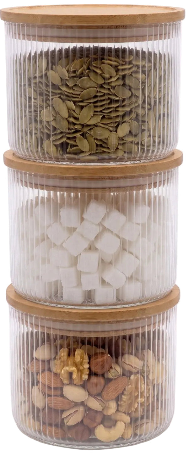 Cookinglife Voorraadpotten set Lines - Glas met Bamboe Deksel - ø 11 cm - 600 ml - 3 stuks