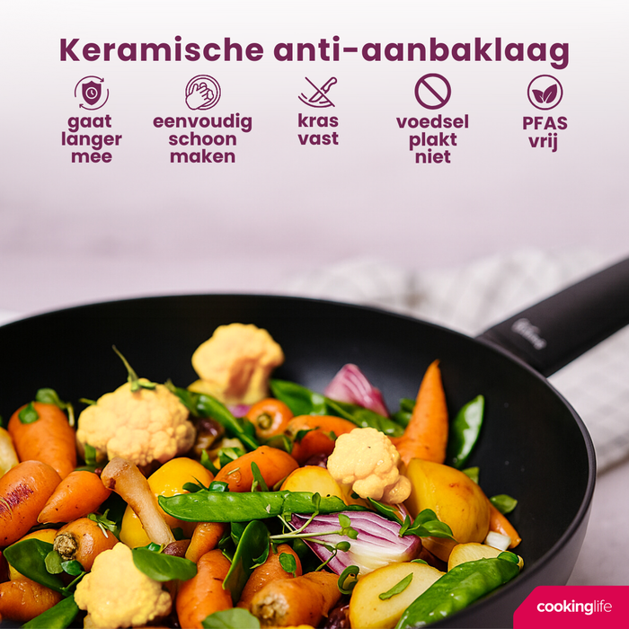 Cookinglife Wokpan Black Cera ø 28 cm - geschikt voor alle warmtebronnen - keramische anti-aanbaklaag