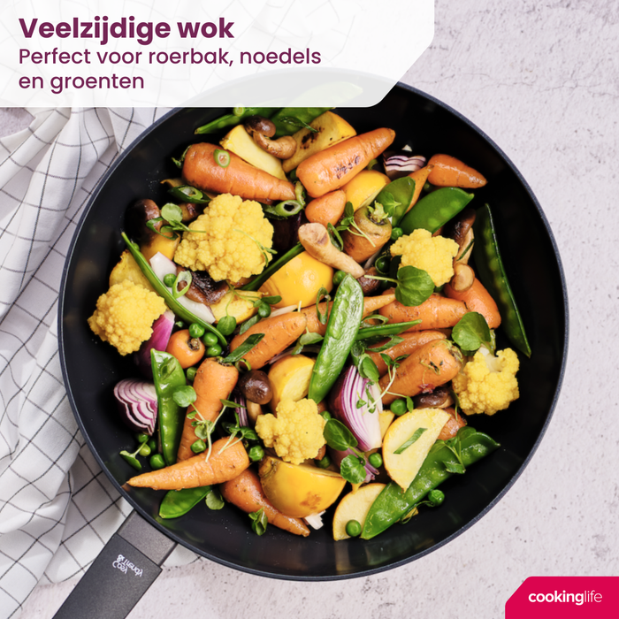 Cookinglife Wokpan Black Cera ø 28 cm - geschikt voor alle warmtebronnen - keramische anti-aanbaklaag