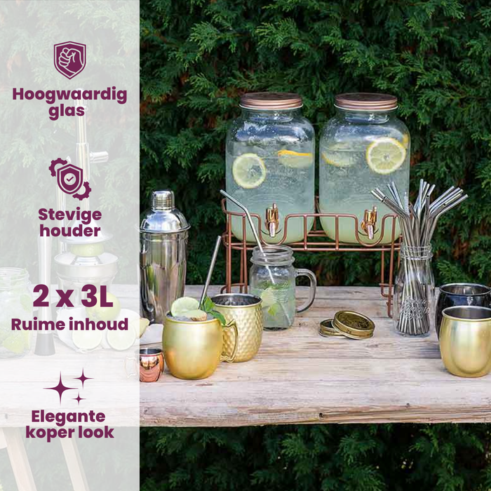 Cosy & Trendy Drankdispenser met houder - Koper - 2 x 3 liter