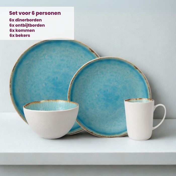 Cosy & Trendy Serviesset Laguna Azzurro 24-delig / 6 personen - 6 dinerborden, 6 bekers, 6 ontbijtborden en 6 schaaltjes