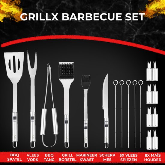 GrillX BBQ Accessoires Gereedschapset - BBQ Tang, Spatel, Vork, Borstel - Complete Barbecue Tools Set