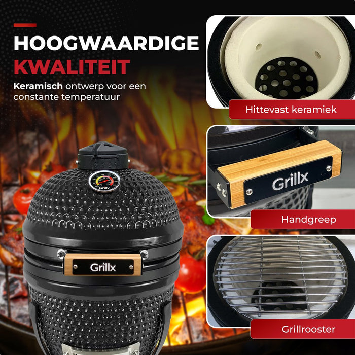 GrillX Kamado Barbecue - 13 Inch - Inclusief Opberghoes - Barbecue Egg - Houtskool Barbecue - Zwart - Ø 27 cm