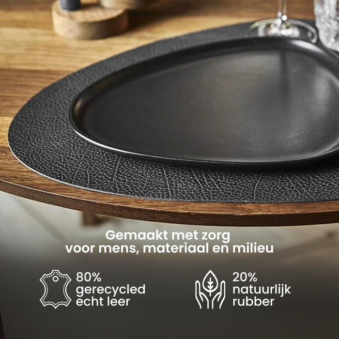 LIND DNA Placemats Hippo - Leer - Black Anthracite - Curved - 44 x 37 cm - 2 Stuks