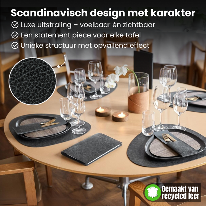 LIND DNA Placemats Hippo - Leer - Black Anthracite - Curved - 44 x 37 cm - 2 Stuks