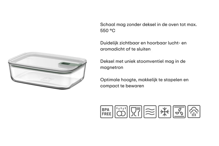 Mepal Ovenschaal / Lasagneschaal met deksel EasyClip Nordic Sage - Glas - 2.25 liter