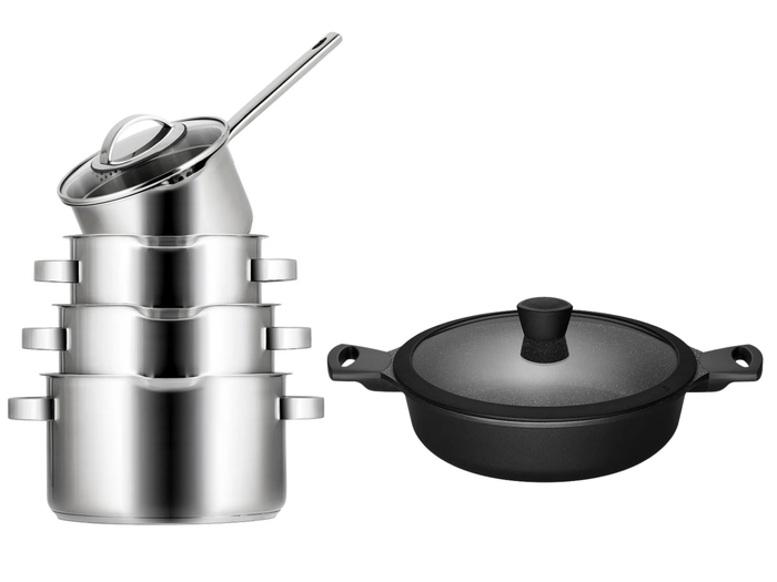 Sola Pannenset Pearl 5-Delig RVS - Downdraft geschikt - Kookpan ø 16, 18, 20 cm & Steelpan ø 16 cm + Sola Hapjespan Fair ø 28 cm - geschikt voor alle warmtebronnen