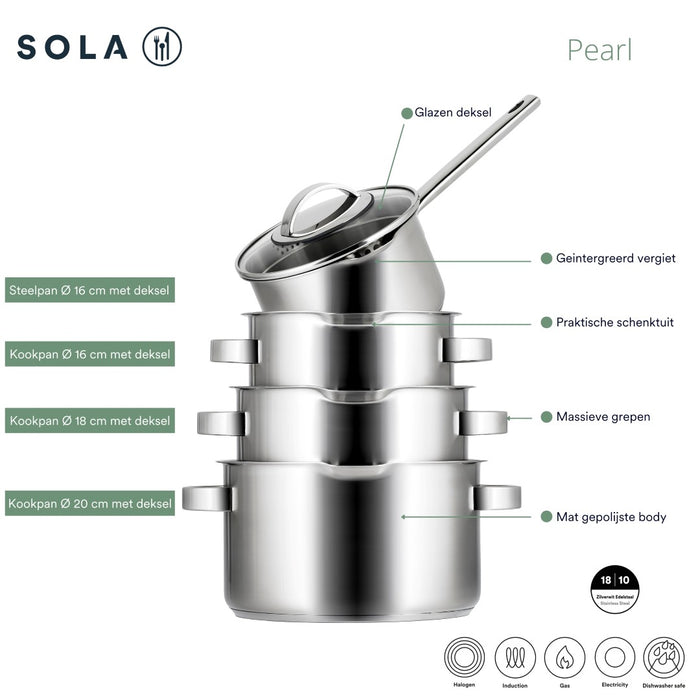 Sola Pannenset Pearl 5-Delig RVS - Downdraft geschikt - Kookpan ø 16, 18, 20 cm & Steelpan ø 16 cm + Sola Hapjespan Fair ø 28 cm - geschikt voor alle warmtebronnen