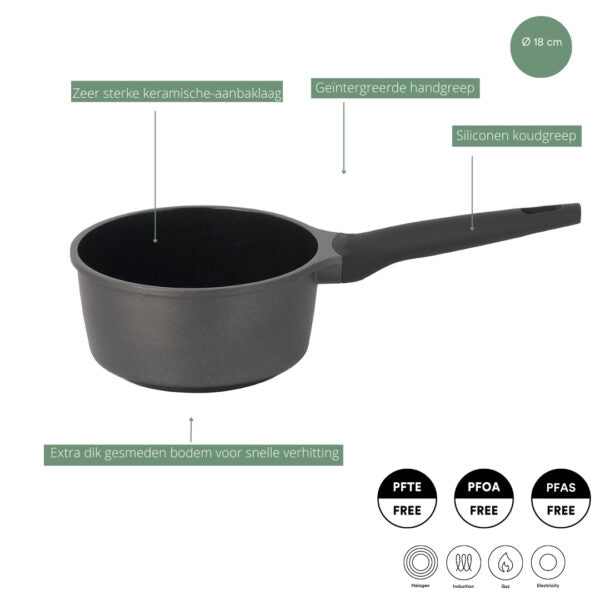 Sola Steelpan met deksel Ceramic Deluxe - Keramische anti-aanbaklaag - ø 18 cm / 1.5 liter - geschikt voor alle warmtebronnen