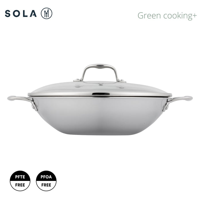 Sola Wokpan met deksel Green Cooking+ Triply RVS ø 32 cm - geschikt voor alle warmtebronnen - zonder anti-aanbaklaag