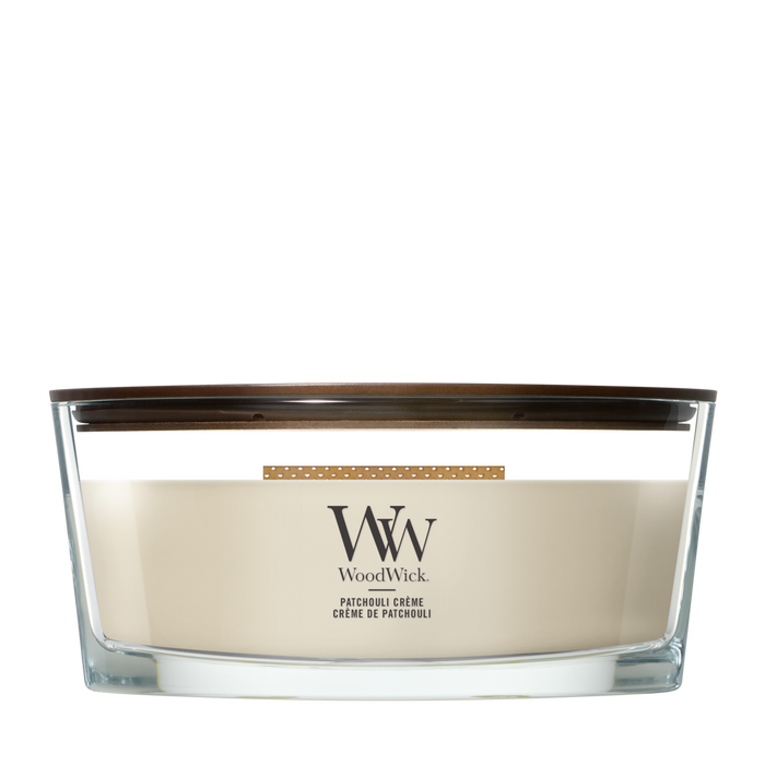 WoodWick Geurkaars Ellipse Patchouli Crème - 9 cm / 19 cm - Geurkaars in Glas - Houten Lont