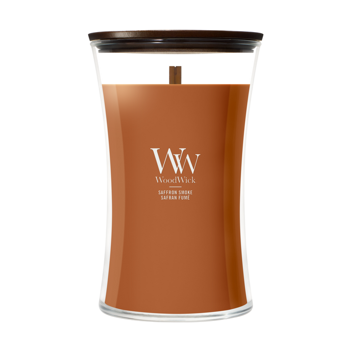 WoodWick Geurkaars Large Saffron Smoke - 18 cm / ø 10 cm - Geurkaars in Glas - Houten Lont