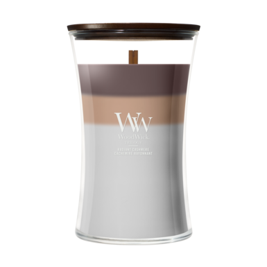 WoodWick Geurkaars Large Trilogy Radiant Cashmere - 18 cm / ø 10 cm - Geurkaars in Glas - Houten Lont