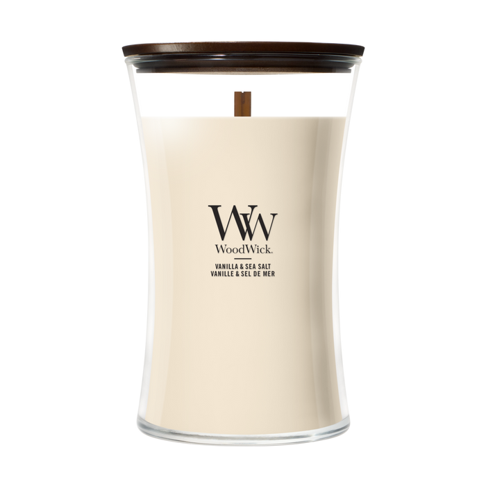 WoodWick Geurkaars Large Vanilla & Sea Salt - 18 cm / ø 10 cm - Geurkaars in Glas - Houten Lont
