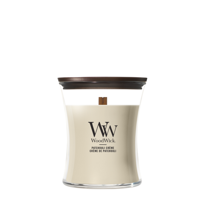WoodWick Geurkaars Medium Patchouli Crème - 11 cm / ø 10 cm - Geurkaars in Glas - Houten Lont