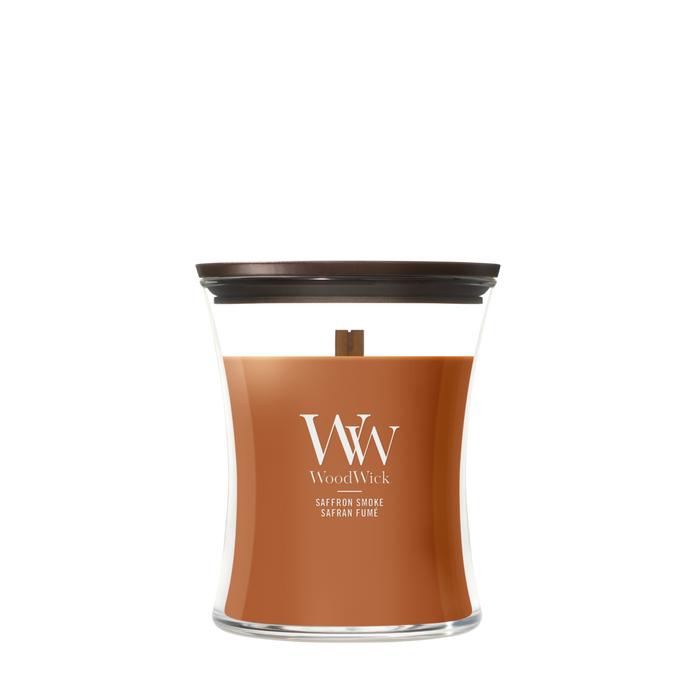 WoodWick Geurkaars Medium Saffron Smoke - 11 cm / ø 10 cm - Geurkaars in Glas - Houten Lont