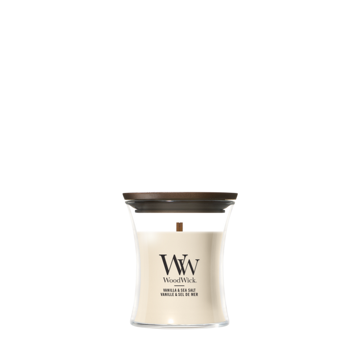 WoodWick Geurkaars Mini Vanilla & Sea Salt - 8 cm / ø 7 cm - Geurkaars in Glas - Houten Lont